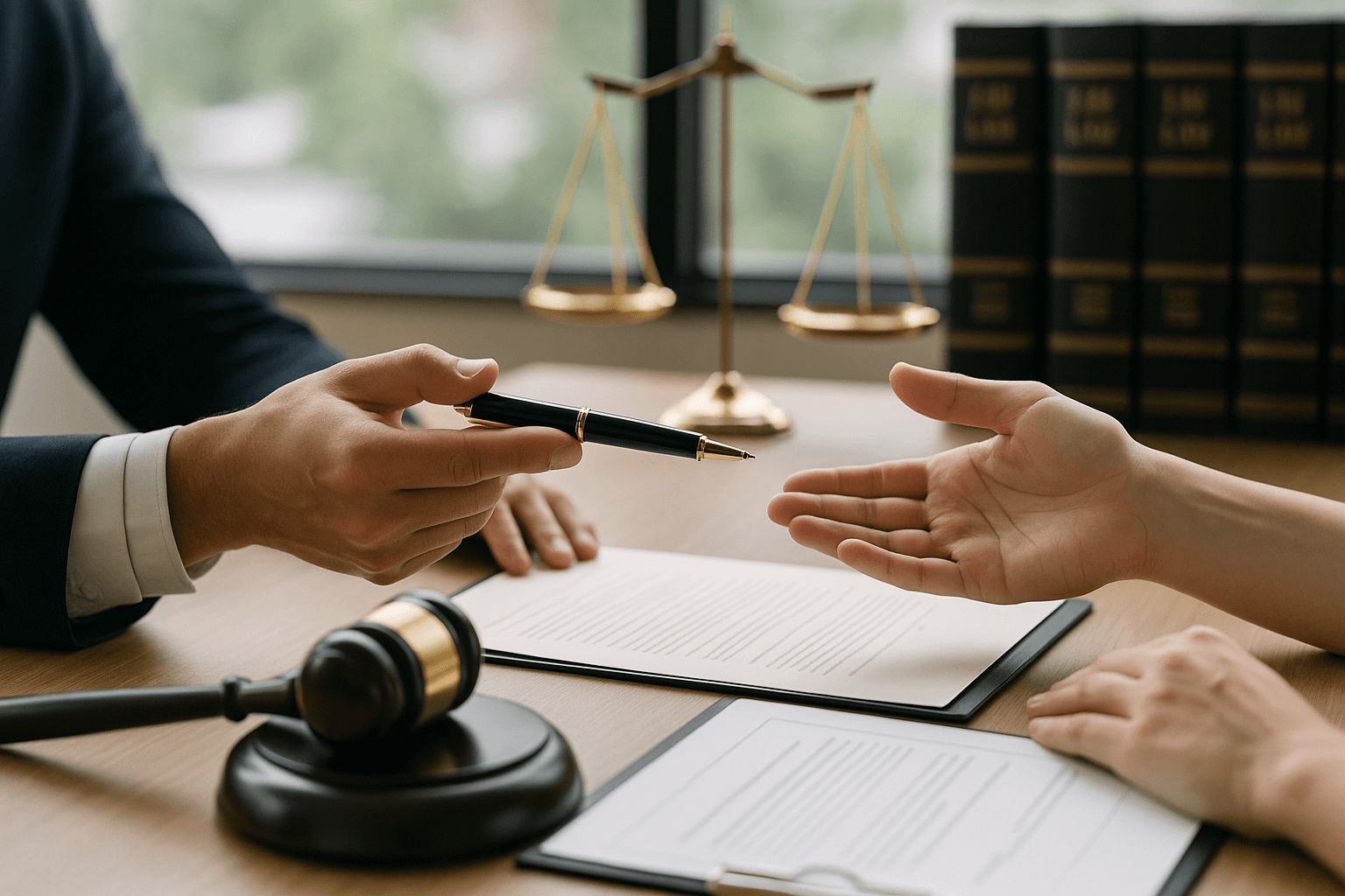 Two people reviewing a contract for signature